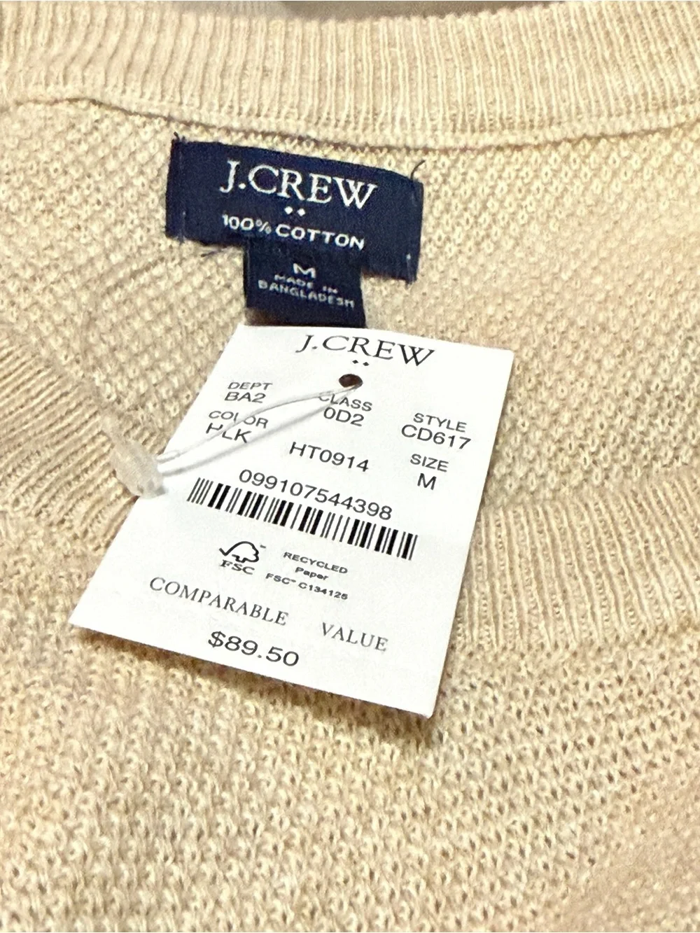 J.Crew Men’s 100% Cotton Lightweight Crewneck Sweater M XL Beige NWT